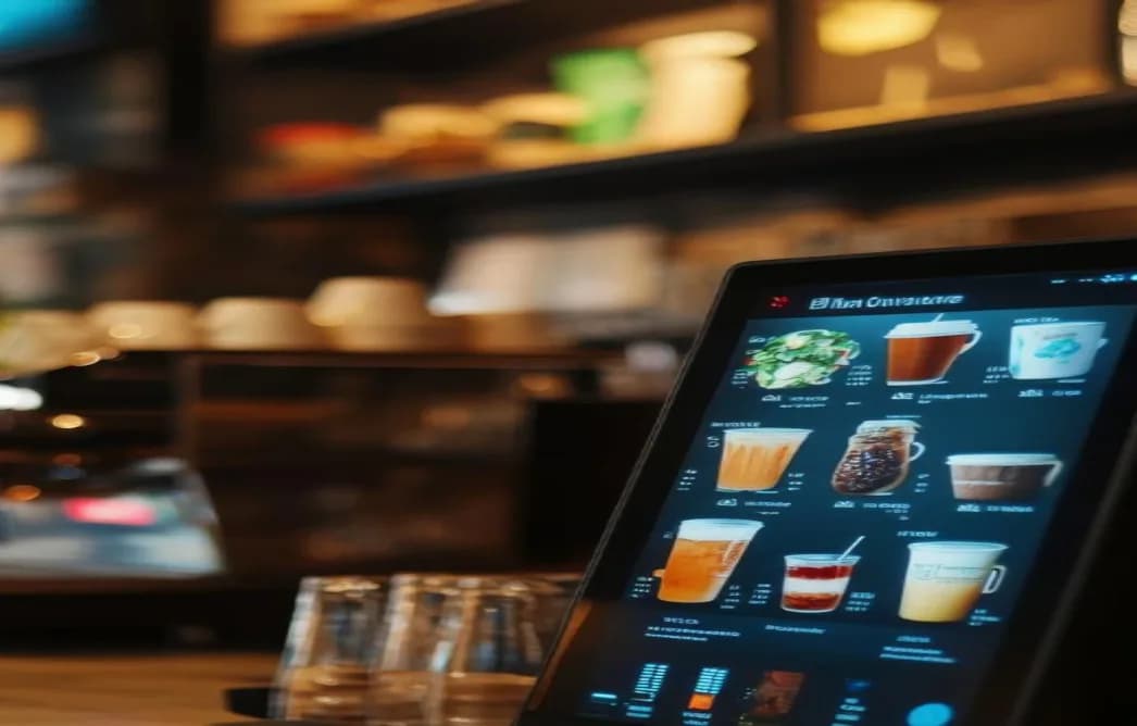 A self-service ordering screen on a café counter