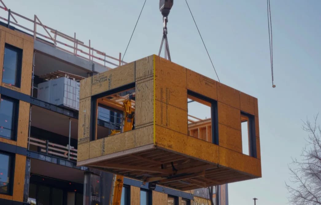 A crane lifting a prefabricated module onto a building under construction