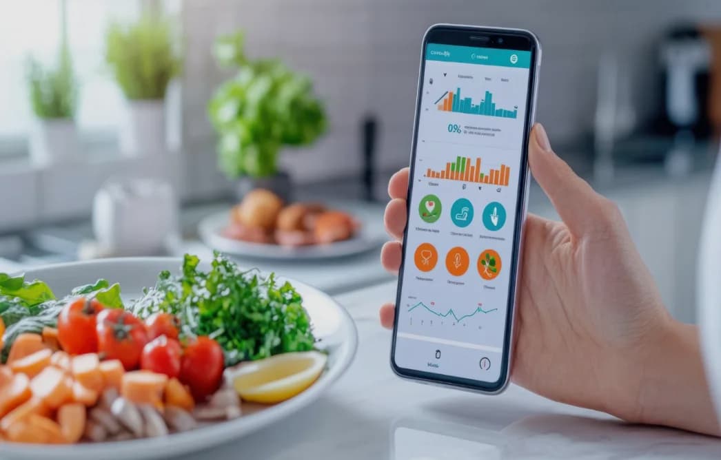 A hand holding a phone showing a meal-plan dashboard beside a prepared meal