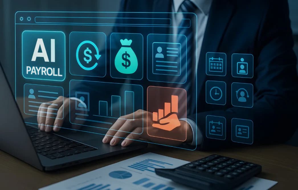 A lender working at a laptop with a financial operations dashboard overlay