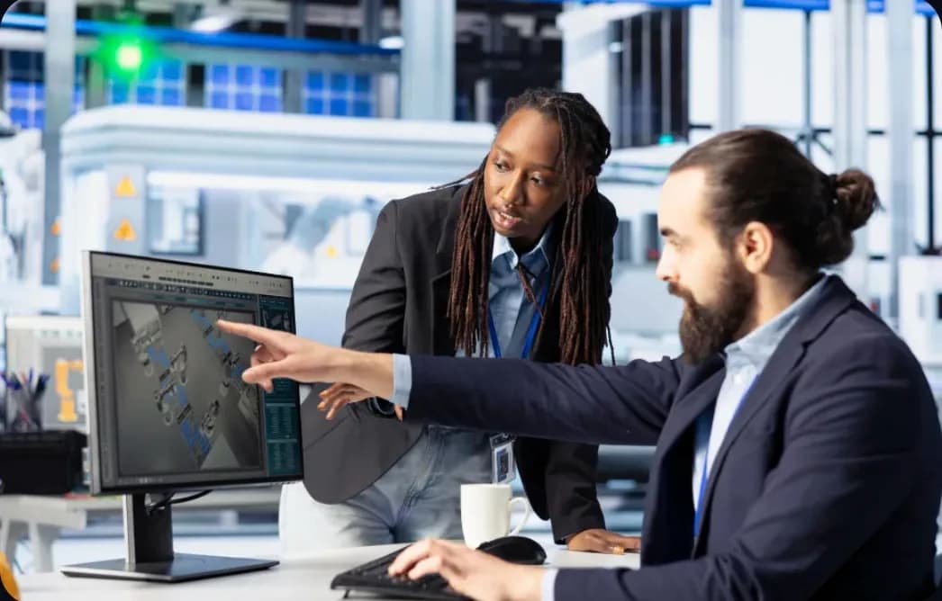 Two engineers reviewing a system dashboard on a monitor