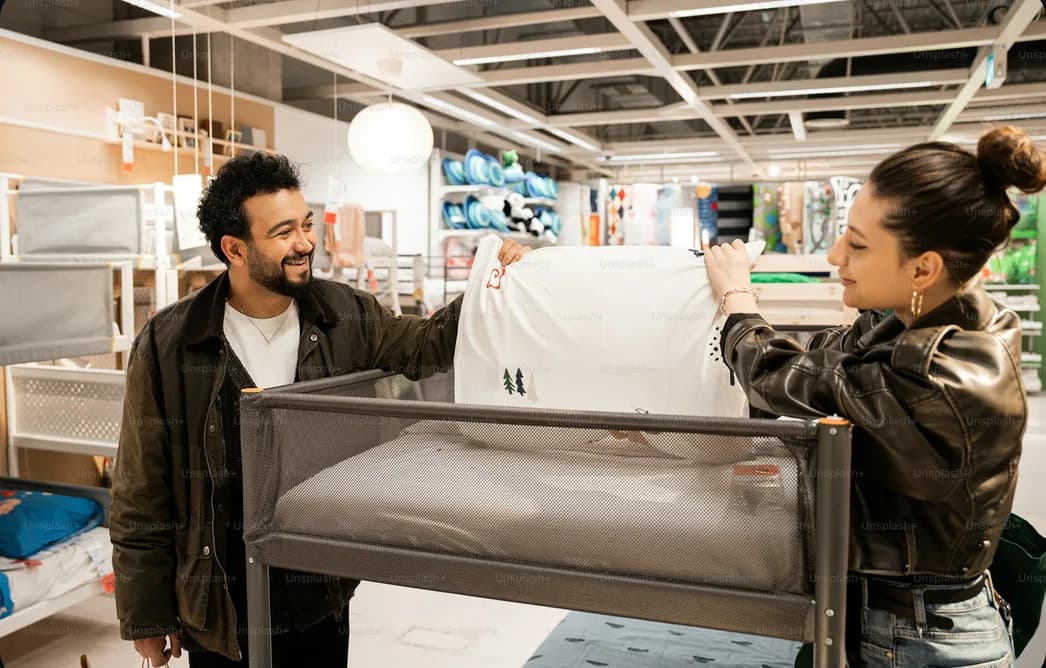 Two shoppers holding up a white bed linen set in a home-goods store
