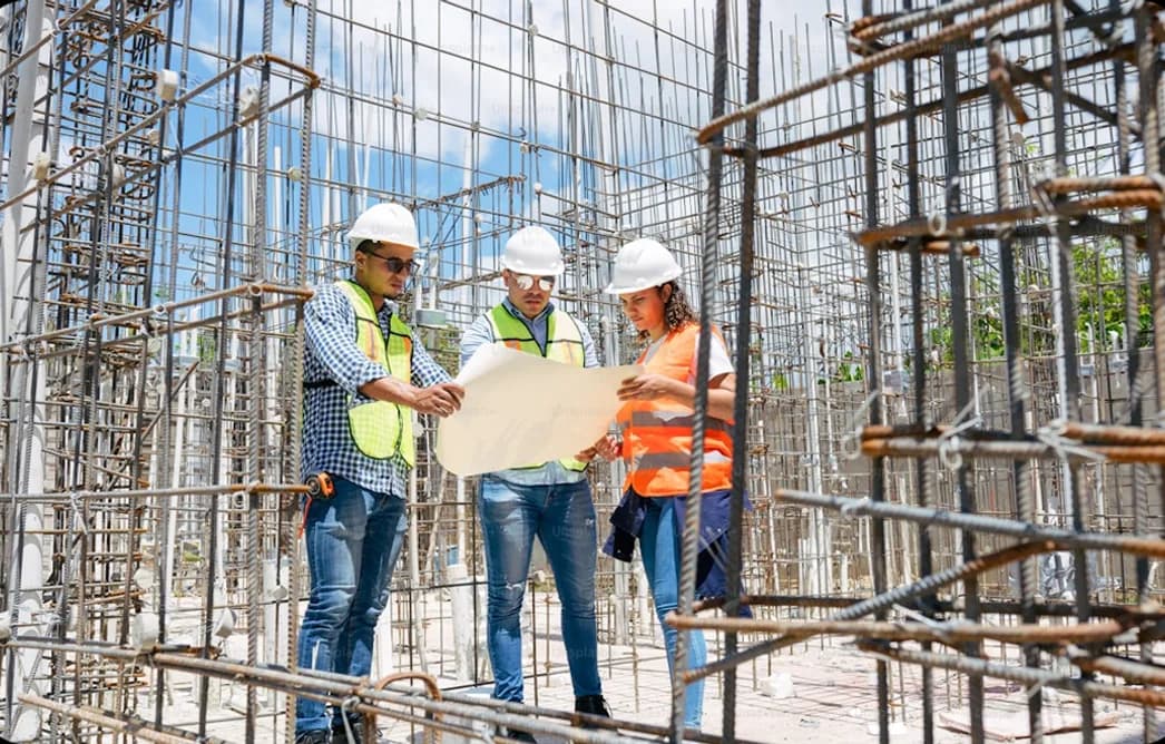 Three engineers in hard hats reviewing drawings on a rebar construction site