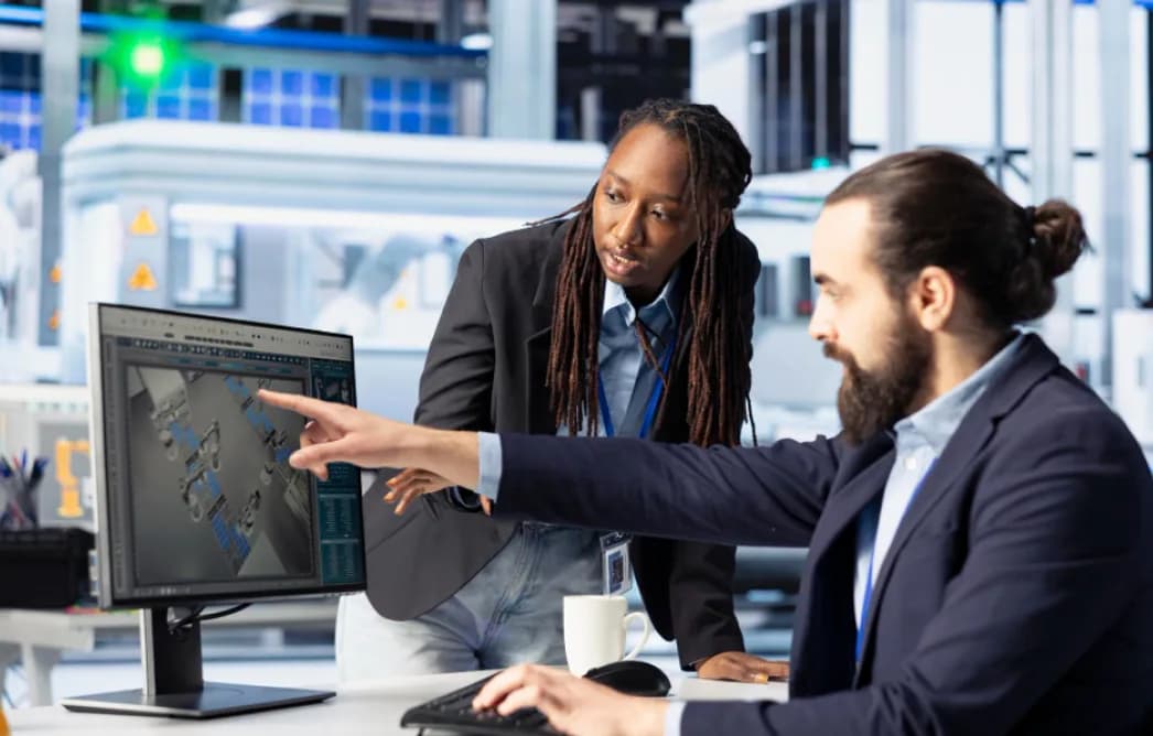 Two engineers reviewing an industrial design on a desktop monitor in a manufacturing facility
