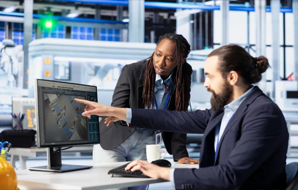 Two colleagues reviewing a technical drawing on a desktop monitor